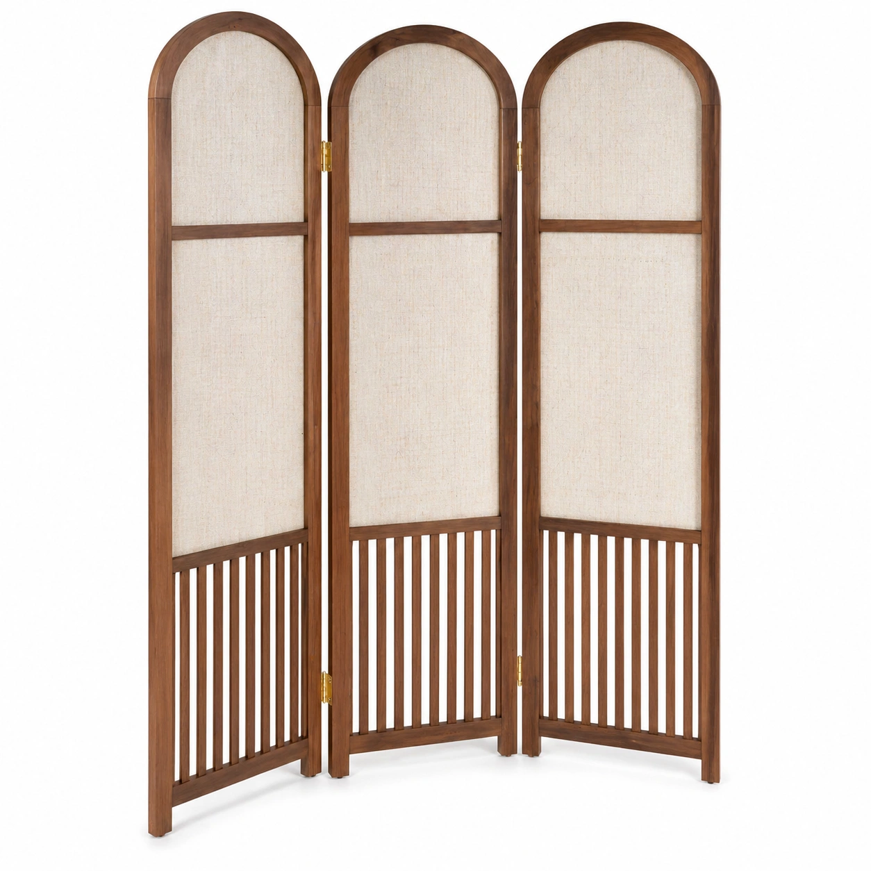 Biombo separador de ambientes de 4 paneles estilo arco en tela Beige y madera natural 163 x 2 x 170 cm-ordernovae